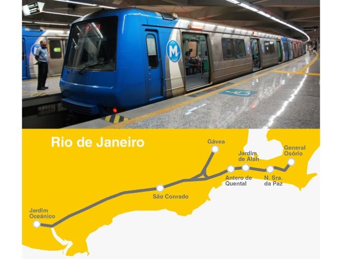 Pociąg metra w Rio i schemat 4 linii